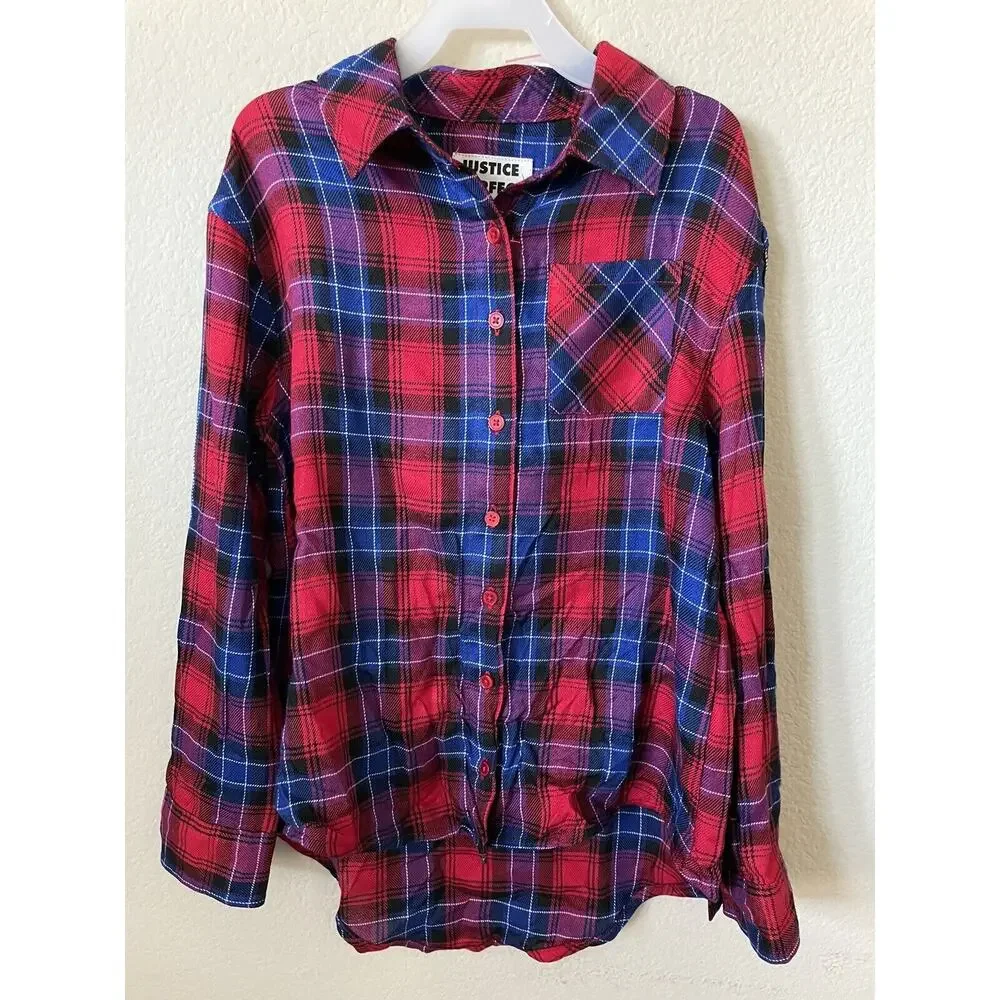 Justice Ladybug Red Perfect Plaid Button Up Collared Long Sleeve Shirt Size 8